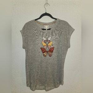 EUC TruSelf "Embroidered Butterflies Rolled Capsleeves Top" Gray/EarthTone Large